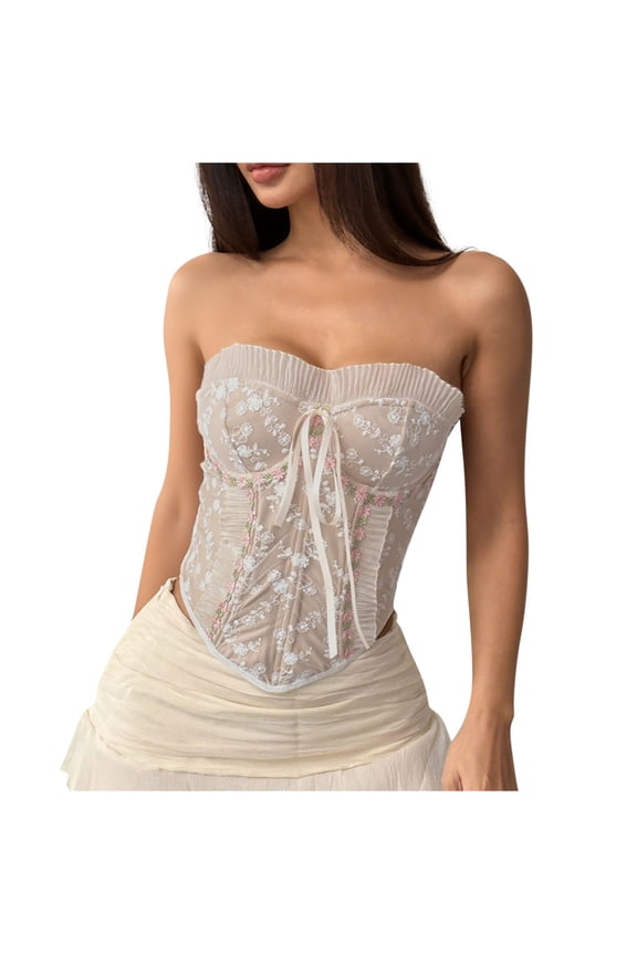 Womens Corset Tops, Floral Bustier Shapewear, Lace Waist Cincher Overbust Bustiers Push Up Bodysuit
