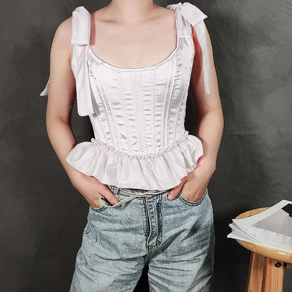 Womens Corset Vests Round Neck Tie Shoulder Strap Lace-Up Cropped Tank Tops Bustier Ruffle Cute Tops White M