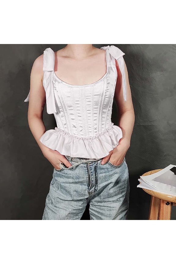 Womens Corset Vests Round Neck Tie Shoulder Strap Lace-Up Cropped Tank Tops Bustier Ruffle Cute Tops White M