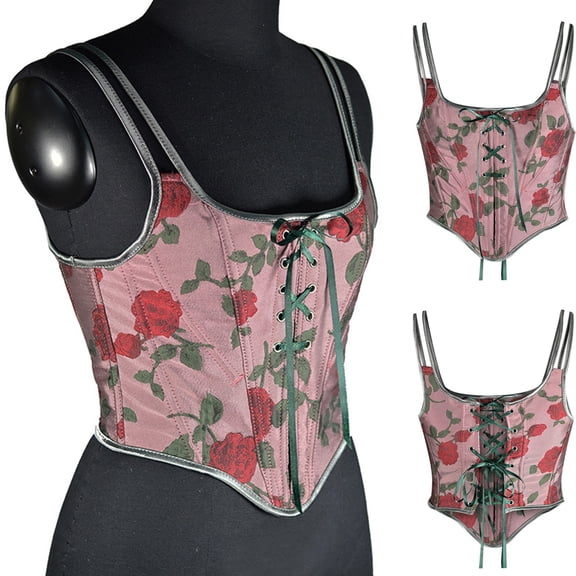 Womens Corsets On Sale Casual Sexy Eyelet Lace-up Embroidery Floral Print Fishbone Corset Court Vintage Straps Tank Top Fashion Women's Denim Overbust Corset Bustier Top Red qILAKOG Size XXXL