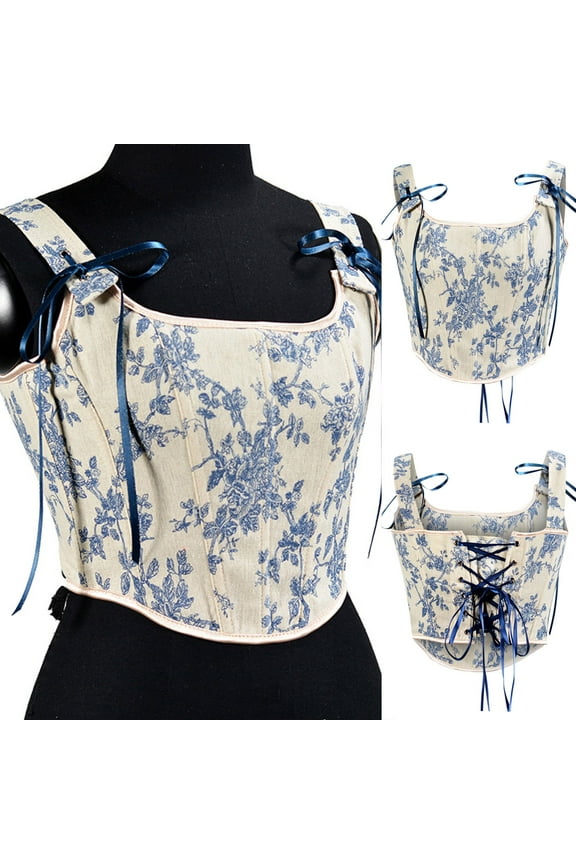 Womens Corsets On Sale Casual Sexy Eyelet Lace-up Embroidery Floral Print Fishbone Corset Court Vintage Straps Tank Top Fashion Women's Denim Overbust Corset Bustier Top Blue qILAKOG Size L