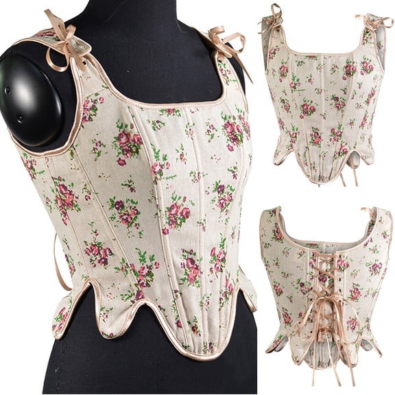 Womens Corsets On Sale Casual Sexy Eyelet Lace-up Embroidery Floral Print Fishbone Corset Court Vintage Straps Tank Top Fashion Women's Denim Overbust Corset Bustier Top Pink qILAKOG Size XXXL