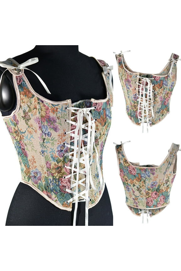 Womens Corsets On Sale Casual Sexy Eyelet Lace-up Embroidery Floral Print Tight Vest Drawstring Tie-up Suspender Court Vintage Straps Tank Top Fashion Denim Overbust Corset Bustier Top qILAKOG Size M