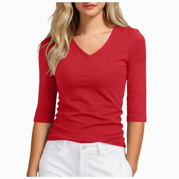 Womens Cotton 3/4 Length Sleeve Tops V Neck Fitted Basic T Shirts