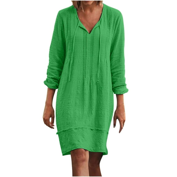 Womens Cotton And Linen Dresses Casual Long Sleeve Mini Dress Loose Fit Lace Up V Neck Solid Ladies Knee-High Dress