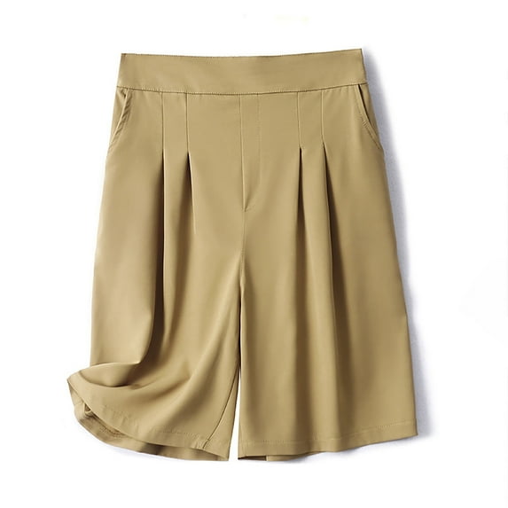 Womens Cotton Bermuda Shorts Knee Length Solid Color Casual Loose Wide Leg Pleated Pull On High Waisted Soft Work Office Short with Pockets