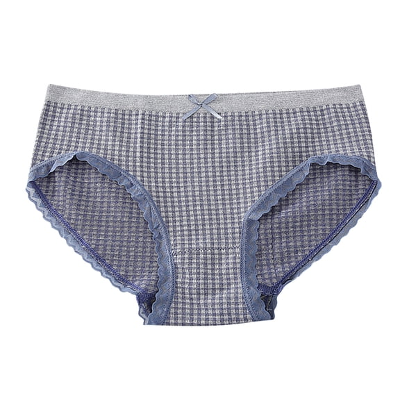 Womens Cotton Bikini Plaid Print Panties Lace Trim Underwear Mid Waist Panties Soft Breathable Stretch Ladies Briefs 1 Pack