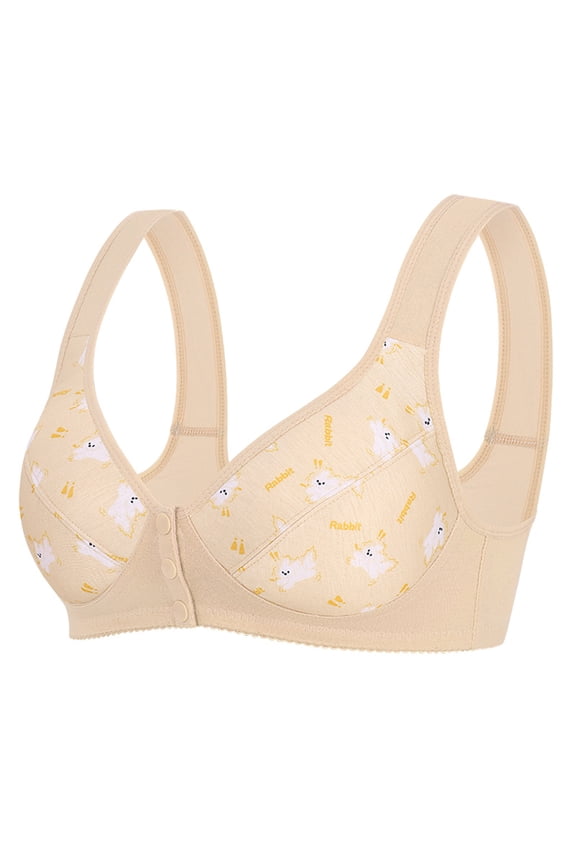 Womens Cotton Blend Front Closure Bra Wireless Full Coverage Comfort T-Shirt Bra with Rabbit Print Beige Plus Size S-XXXL,Size XL