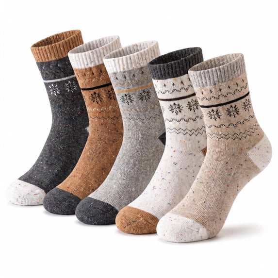 Womens Cotton Blend Mid Calf Socks Fair Isle Speckled Knit Snowflake Pattern Crew Socks Autumn Winter Thermal Warm Cozy Casual Dress Socks (C)