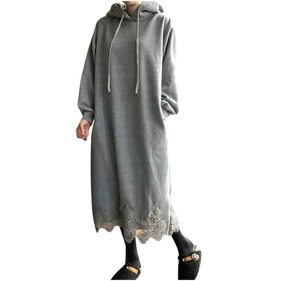 Womens Cotton Blend Oversized Hoodie Dress Floral Lace Hem Long Sleeve Hooded Sweatshirt Maxi Dress with Pockets (Small, Gray)
