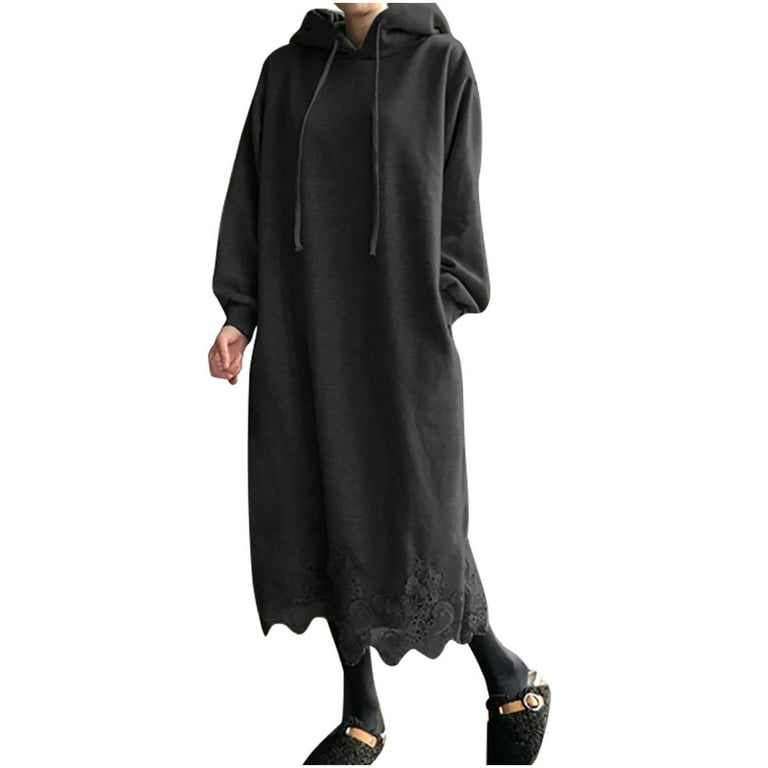 Womens Cotton Blend Oversized Hoodie Dress Floral Lace Hem Long