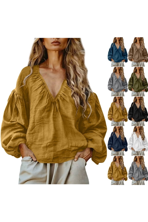 Womens Cotton Blend V-Neck Blouse Ruched Front Bubble Sleeve Elastic Cuff Loose Fit Casual Long Sleeve Top Yellow XL(XL)