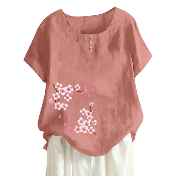 Womens Cotton Blouse Casual Loose Fit Crewneck T Shirt Summer Funny Printed Tops Trendy Short Sleeve Beach Tees Pink Womens Tops