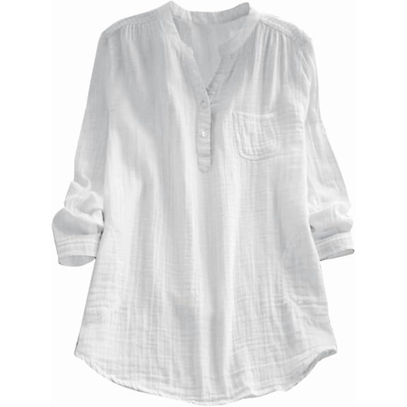 Womens Cotton Blouse Shirts V Neck Long Sleeve Gauze Tops Button Up Casual Loose Work Lounge Tshirt with Chest Pocket Lightweight Breathable Cotton-Blend Tunic Shirt