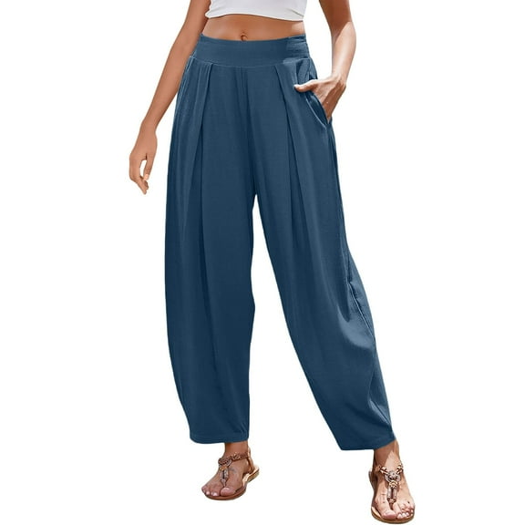 Womens Cotton Boho Pants Stright Wide Leg Sweatpants Pleated High Waisted Beach Pants Loose Casual Sweat Pants Gym Traning Track Joggers Pants with Pockets