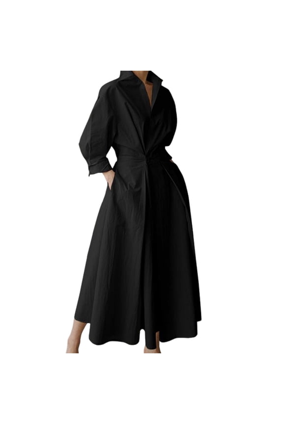 Womens Cotton Button Down Maxi Tshirt Dress Ladies Collared Lapel Long Sleeve Dresses