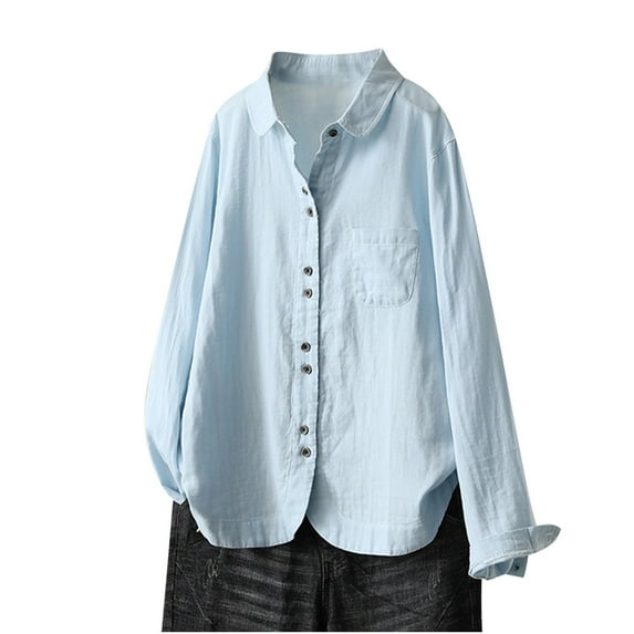Womens Cotton Button Down Shirt 2024 Fall Casual Long Sleeve Solid Color Shirts Loose Work Tops with Pockets