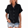 thumbnail image 1 of Womens Cotton Button Down Shirt Casual Short Sleeve Loose Fit Collared Linen Work Blouse Tops ,Button On Beach Tops Casual Blouses with Pocket, 1 of 5
