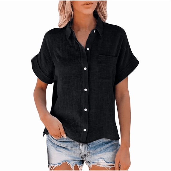 Womens Cotton Button Down Shirt Casual Short Sleeve Loose Fit Collared Linen Work Blouse Tops ,Button On Beach Tops Casual Blouses with Pocket