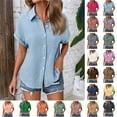 thumbnail image 1 of Womens Cotton Button Down Shirt Casual Short Sleeve Loose Fit Collared Linen Work Blouse Tops with Pocket(Light Blue,S), 1 of 6