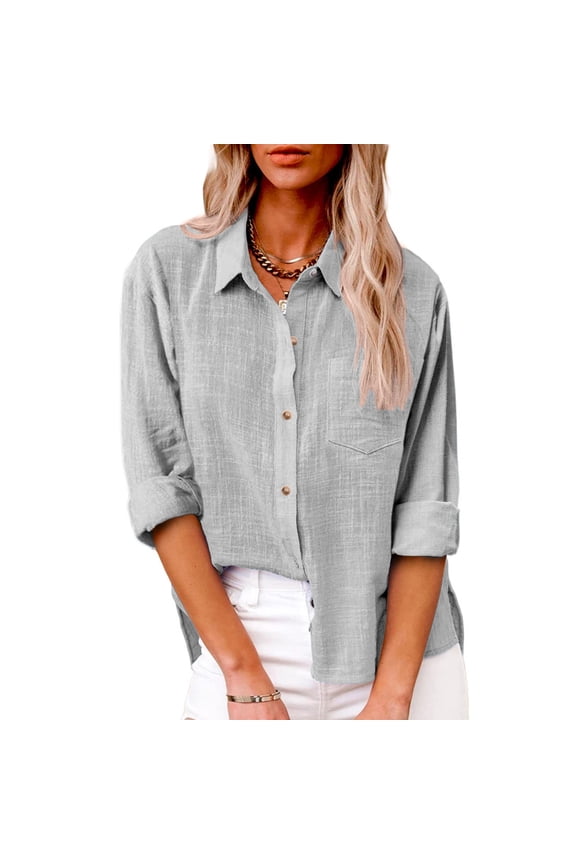 Womens Cotton Button Down Shirt Casual Short Sleeve Loose Fit Collared Linen Work Blouse Tops with Pocket