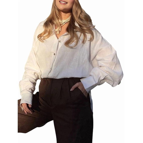 Womens Cotton Button Down Shirt Collared V Neck Long Sleeve Oversized Flannel Shirt Work Office Dressy Top White L