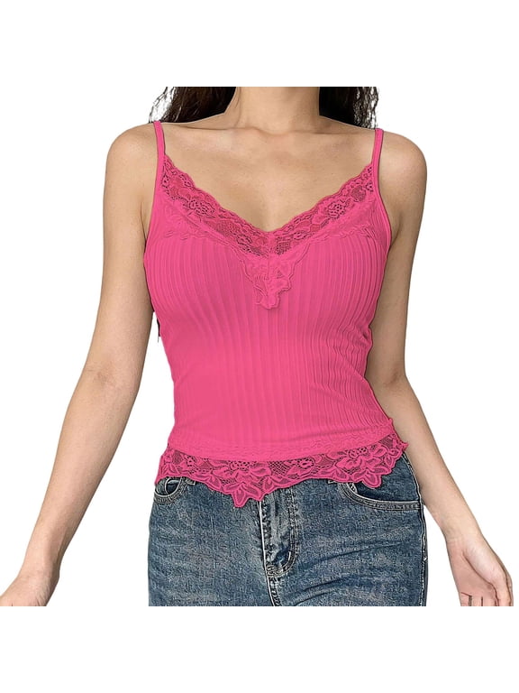 Womens Cotton Camisoles Lace V Neck Tank Top Summer Spaghetti Strap Slim Fitted Sexy Cami Tops Casual Soft Lightweight Going Out Cute Shirts Beach Travel Clothes, Hot Pink L