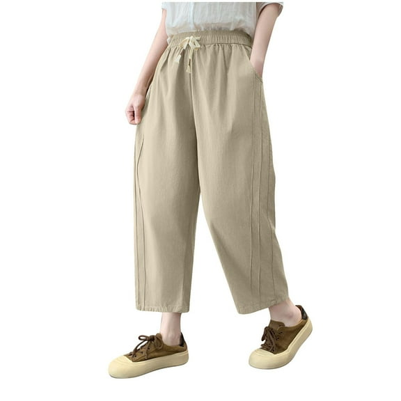 Womens Cotton Capri Pants Summer Drawstring High Waisted Loose Fit Capris Pant with Pockets Casual Solid Color Capris