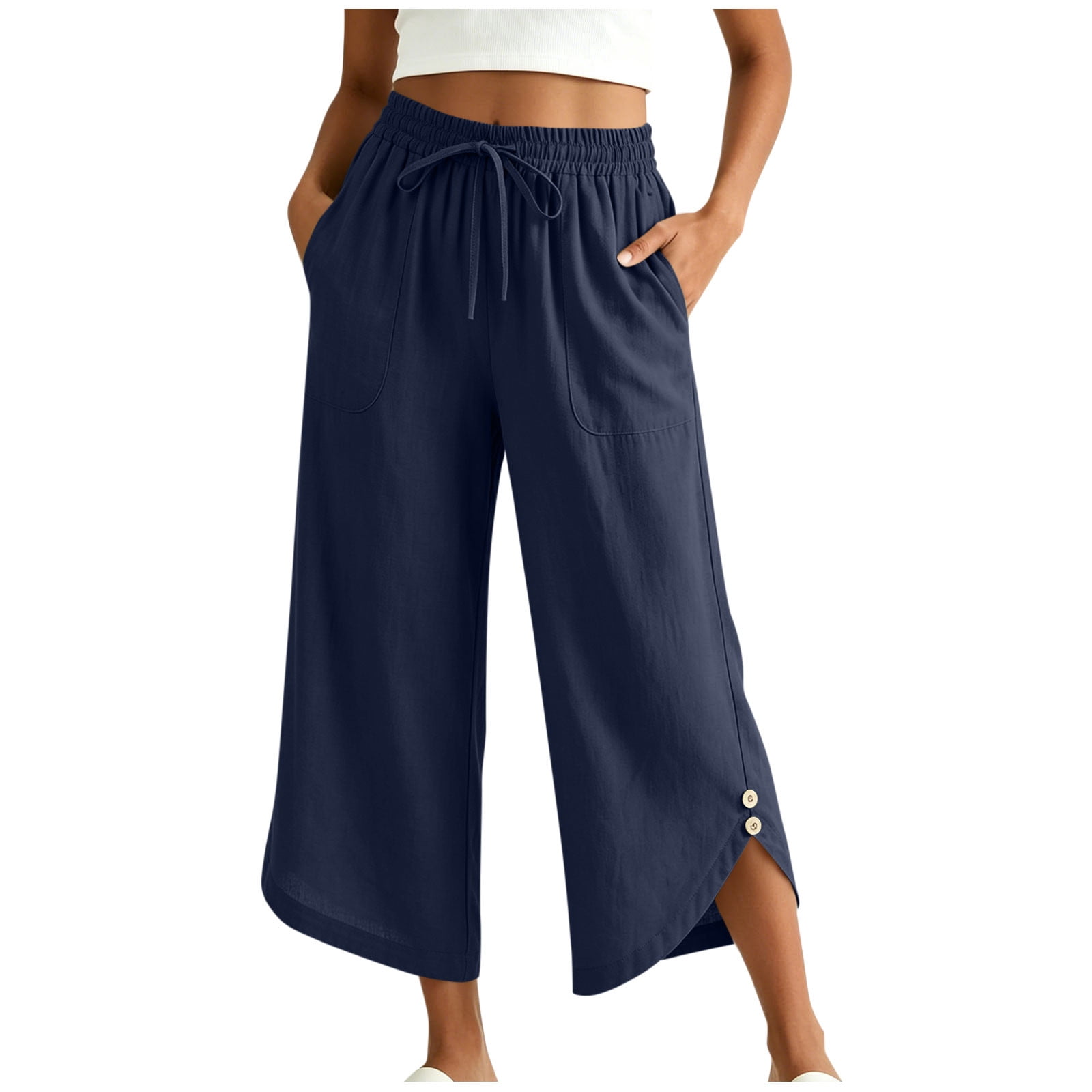 Womens Cotton Capri Pants Tulip Petal Hem High Waisted Wide Leg