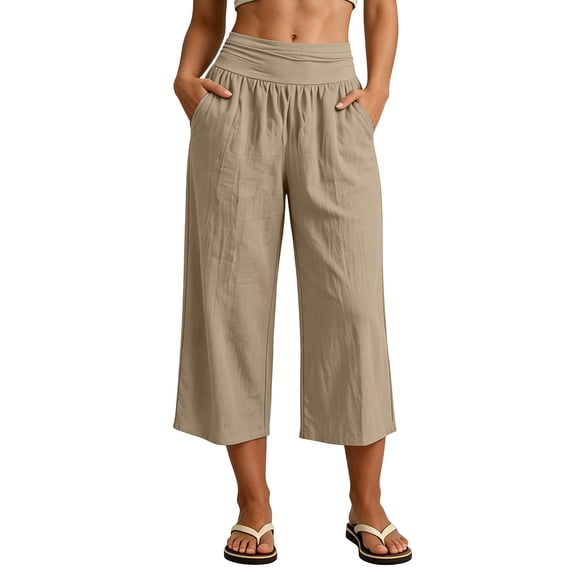 Womens Cotton Capris Lounge Yoga Pajama Cropped Pants Casual Wide Leg with Pockets Elastic Waist Workout Sweat Pants Summer Khaki XXL(XXL)