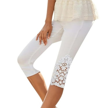 Womens Cotton Capris Pants Straight-Leg Pant Leg Cut Women Size Polyester Plus Size Summer Pants Ladies Capris Pants Style C-65 White XXL