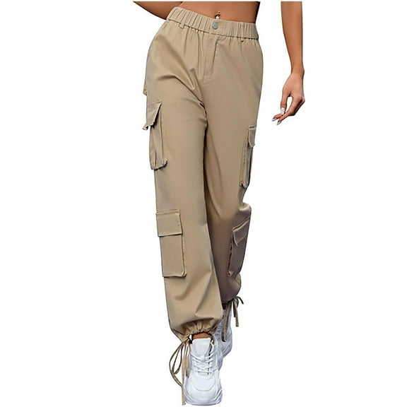 Womens Cotton Cargo Pants with Multi Pockets Drawstring Bottoms Lightweight High Elastic Waist Wide Leg Trousers (XL, Khaki)