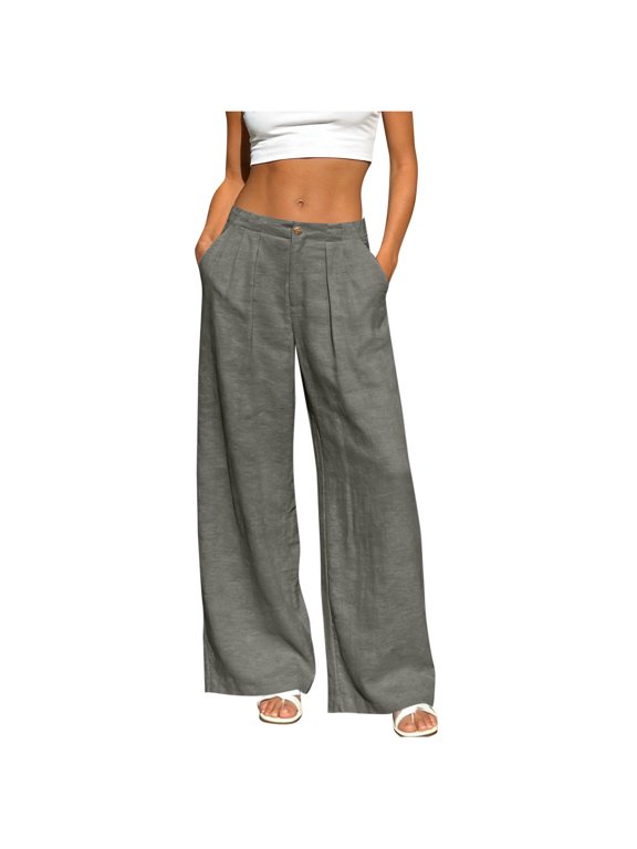 Womens Cotton Casual Wide Leg Pants High Waisted Straight Leg Button Down Elastic Waist Palazzo Dressy Pants