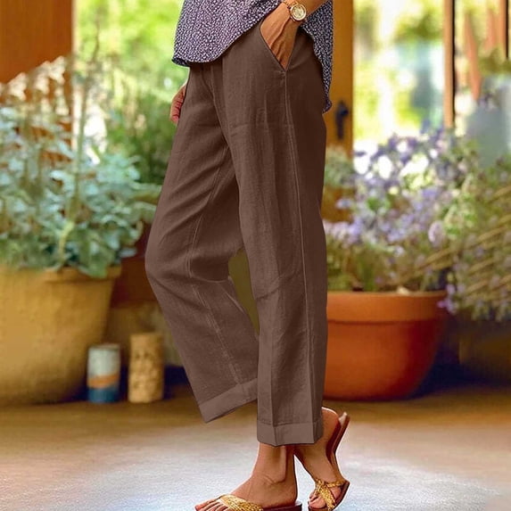 Womens Cotton Cropped Pants Loose Fit Wide Leg Casual Plus Size Spring And Solid Color Elastic Waist Trousers Brown M