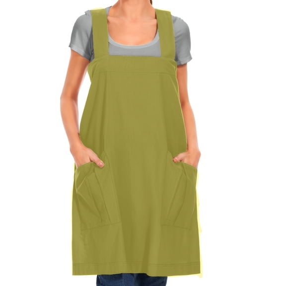 Womens Cotton Cross Back Pinafore Apron with Big Pockets Loose No-Tie Bib Aprons for Cooking for Cooking Baking Gardening Chores, Light Green, L