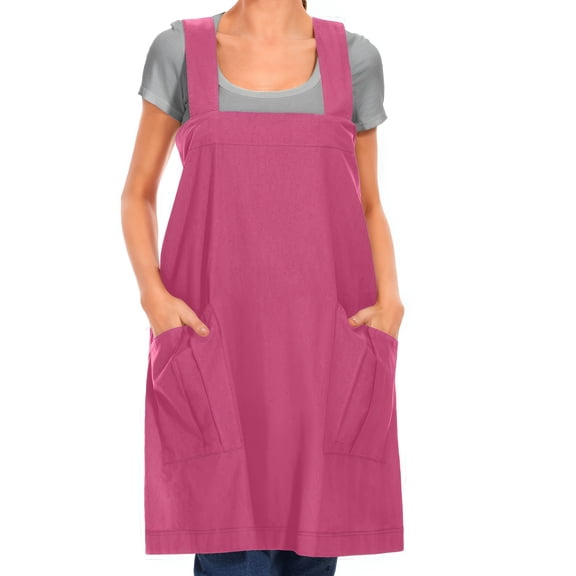 Womens Cotton Cross Back Pinafore Apron with Big Pockets Loose No-Tie Bib Aprons for Cooking for Cooking Baking Gardening Chores, Peach Red, M