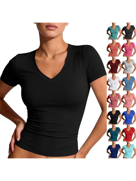 Womens Cotton Deep V Neck Short Sleeve Shirts Slim Fitted Low Cut Tops Summer Basic Crop Tees Going Out Clothes,Black XL