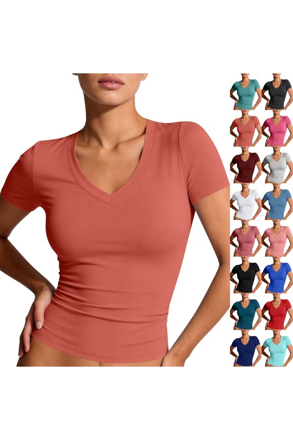 Womens Cotton Deep V Neck Short Sleeve Shirts Slim Fitted Low Cut Tops Summer Basic Crop Tees Going Out Clothes,Vermilion S