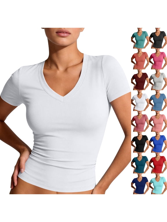 Womens Cotton Deep V Neck Short Sleeve Shirts Slim Fitted Low Cut Tops Summer Basic Crop Tees Going Out Clothes,White M