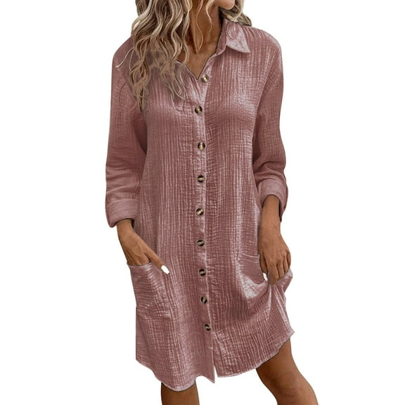Womens Cotton Dresses Fall Button Down Lapel Collar Long Sleeve Knee Length Tunic Shirt Midi Dress with Pockets