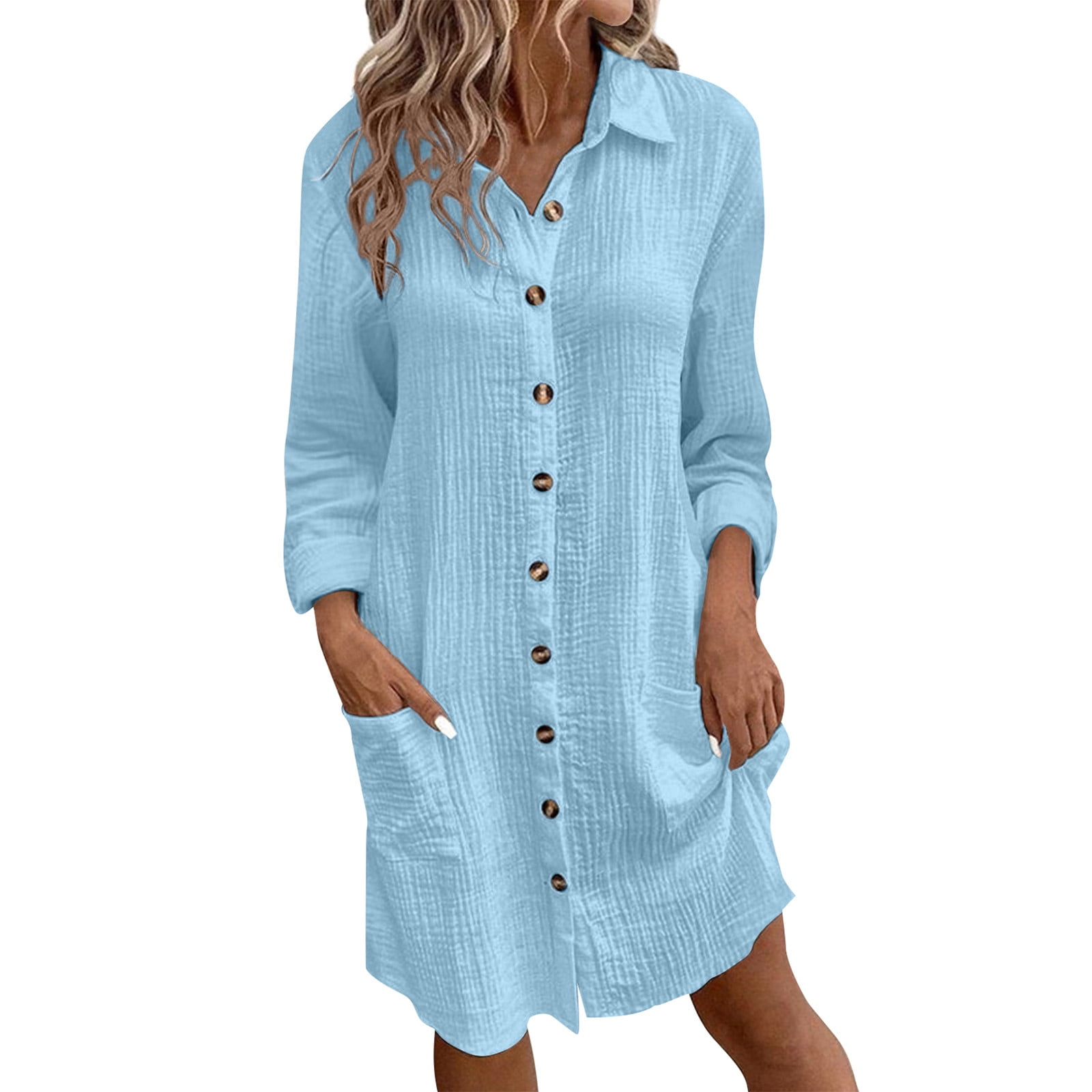 Womens Cotton Dresses Fall Button Down Lapel Collar Long Sleeve
