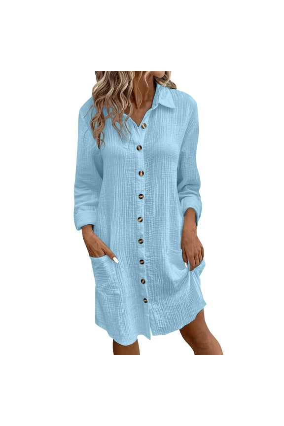 Womens Cotton Dresses Fall Button Down Lapel Collar Long Sleeve Knee Length Tunic Shirt Midi Dress with Pockets