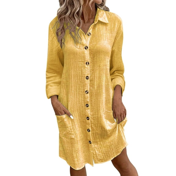 Womens Cotton Dresses Fall Button Down Lapel Collar Long Sleeve Knee Length Tunic Shirt Midi Dress with Pockets