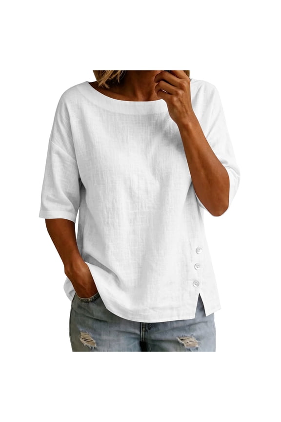 Womens Cotton Elbow Sleeve Tops Business Casual Textured Boat Neck Loose Fit Boxy Blouse Side Split Button Decor for Work & Dating