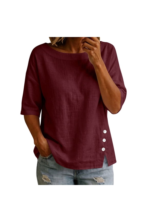 Womens Cotton Elbow Sleeve Tops Business Casual Textured Boat Neck Loose Fit Boxy Blouse Side Split Button Decor for Work & Dating