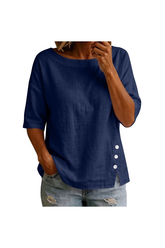 Womens Cotton Elbow Sleeve Tops Business Casual Textured Boat Neck Loose Fit Boxy Blouse Side Split Button Decor for Work & Dating