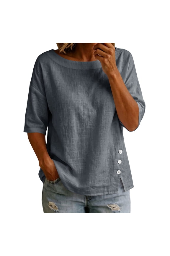 Womens Cotton Elbow Sleeve Tops Business Casual Textured Boat Neck Loose Fit Boxy Blouse Side Split Button Decor for Work & Dating
