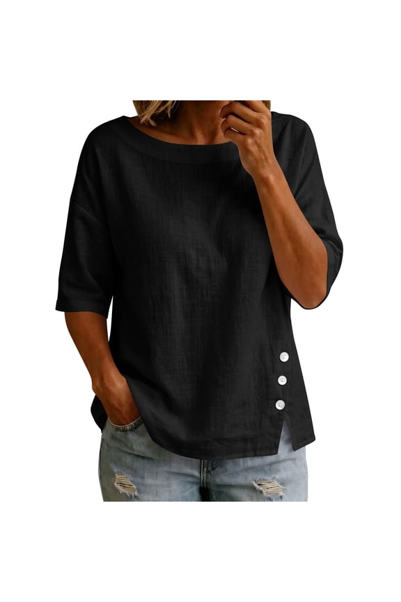 Womens Cotton Elbow Sleeve Tops Business Casual Textured Boat Neck Loose Fit Boxy Blouse Side Split Button Decor for Work & Dating
