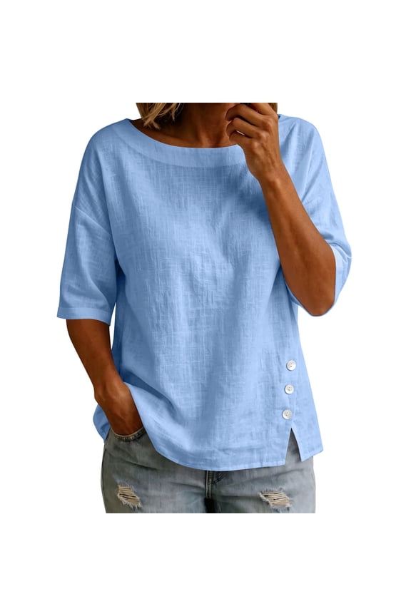 Womens Cotton Elbow Sleeve Tops Business Casual Textured Boat Neck Loose Fit Boxy Blouse Side Split Button Decor for Work & Dating
