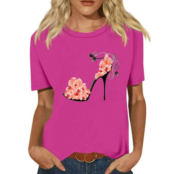 Womens Cotton Fall Tops, Spring To Transition Floral Top Yoga Leggings Matching Blouse Summer Casual Polyester S-Xxl Print T-Shirt Women 2025 Stretch Fit Trendy Breathable Pink Xl
